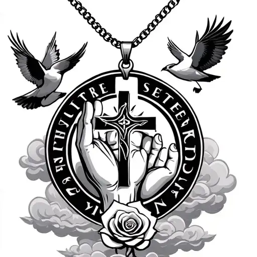 Praying Hand Holding Cross Necklace With Bird Flying In Clouds And Lutheran Logo Rose