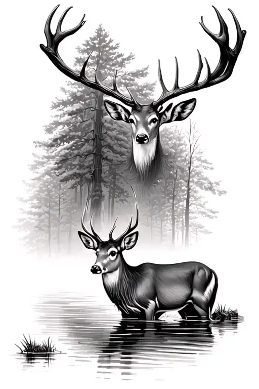 Deer In The Woods Over A Pond