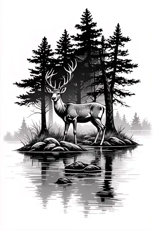 Deer In The Woods Over A Pond