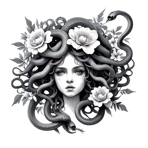 Minimalist Medusa With 2 Snakes And 7 Flowers Blooming