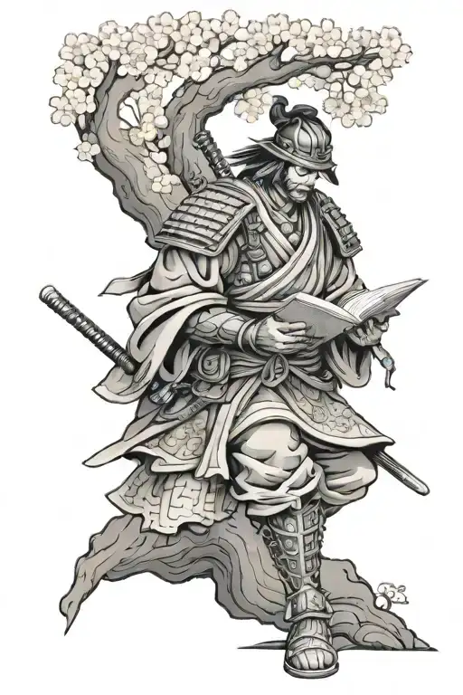 A Japanese Samurai Warrior Reading A Book Under A Cherry Blossom Tree