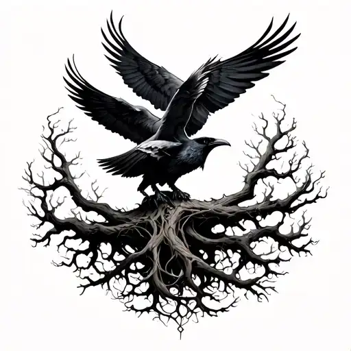 Yggdrasil And Odins Ravens Flying