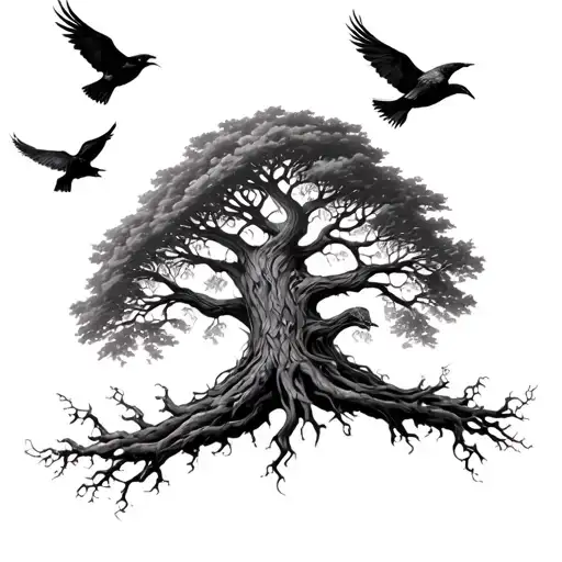 Yggdrasil Tree Entwind And Odins Ravens Flying Away