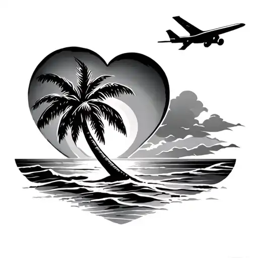 Heart Beach Plane Palm Tree Sun Ocean Scene