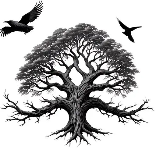 Yggdrasil Tree Entwind Norse And Odins Ravens Flying Away