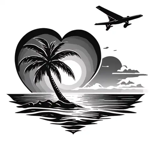 Heart Beach Plane Palm Tree Sun Ocean Scene