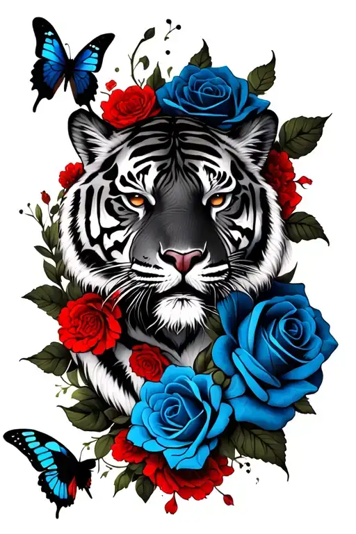 Forearm Sleeve Tattoo With Tiger And Blue Roses And Butterflies With Red Accents