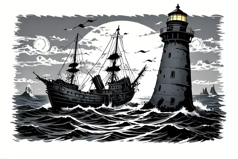 Light House Sunset Ship Wreck Squid