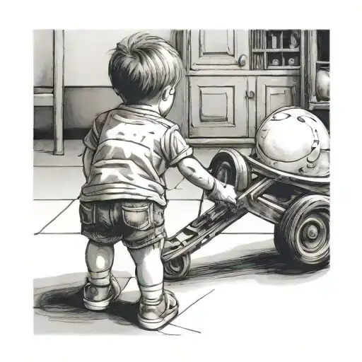 Little Boy Facing Backwards Holding Moms Hand Holding Play Tools