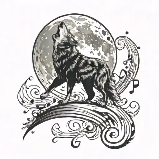 Create A Tattoo Featuring A Wolf Howling At The Moon With Musical Notes Swirling Around It