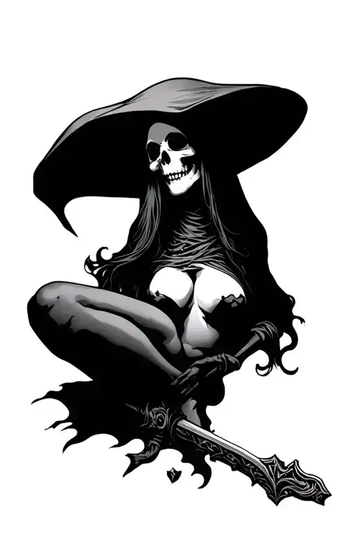 Nude Sexy Female Grim Reaper With Dark Night Background And Shrouded Face