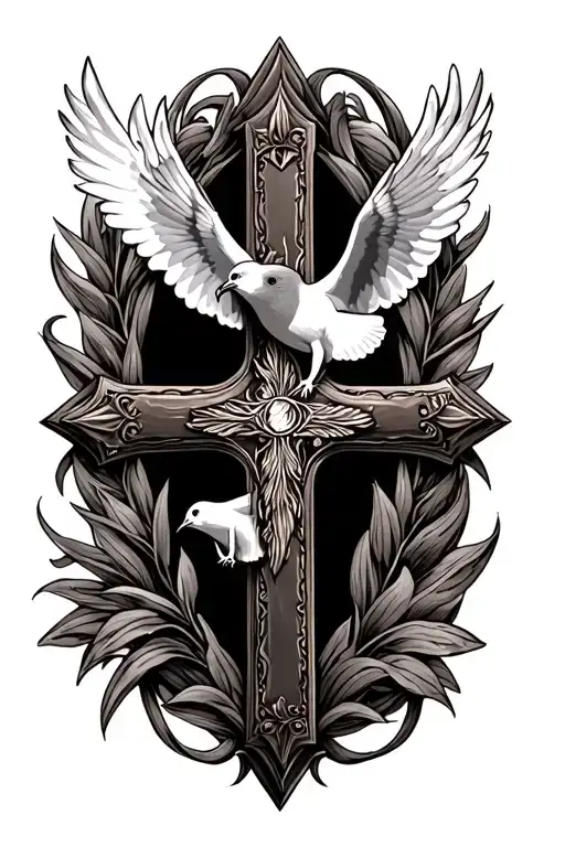 Cross Surrounded By Leather Tooling With Dove Flyng Over