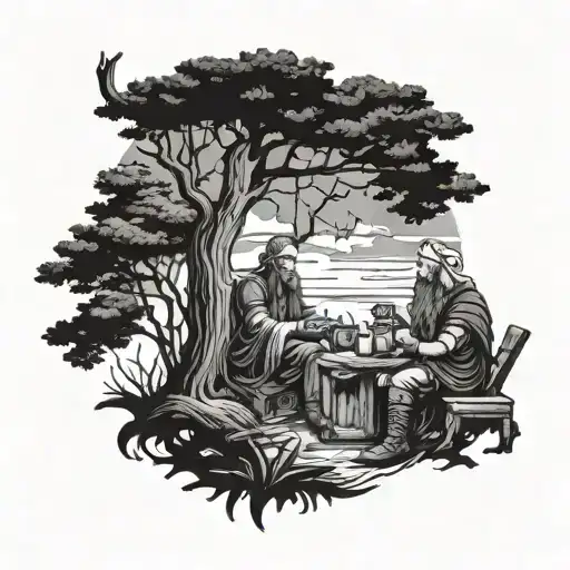 A Historical Scene Of Vikings And Christian Missionaries Exchanging Gifts Under A Pine Tree