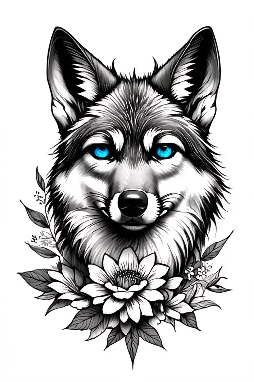 Floral And Half The Face Coyote With Blue Eye