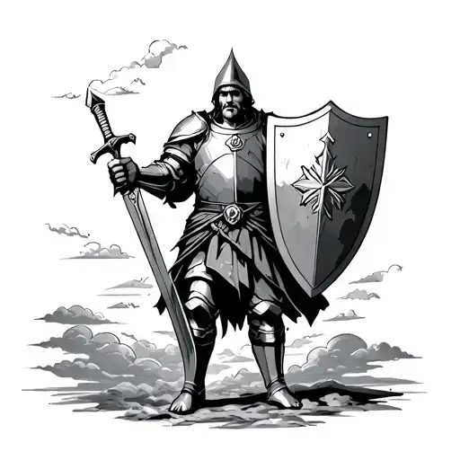 A Soldier With The Armor Of God On Him Has A Sword And A Shield With Clouds Behind Him