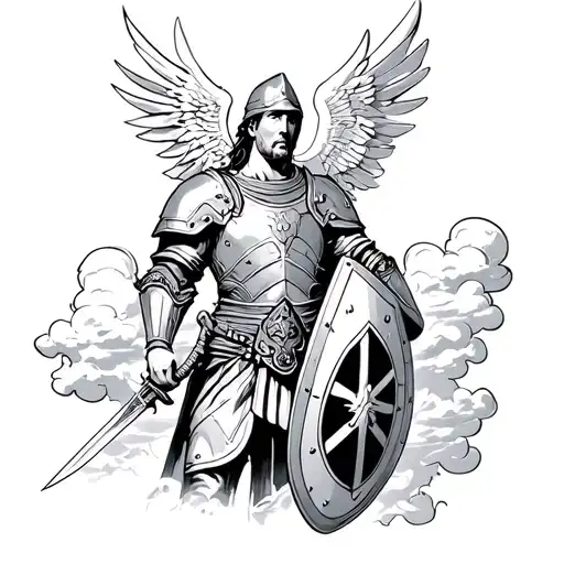 A Soldier With The Armor Of God On Him Has A Sword And A Shield With Clouds Behind Him Arm Sleeve