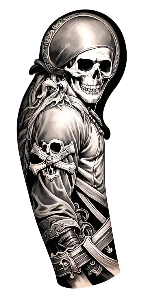 Full Arm Sleeve Black And Grey Pirate Theme