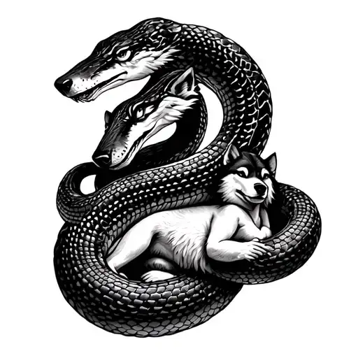 Snake Protecting Baby From Wolves In Garden Of Eden