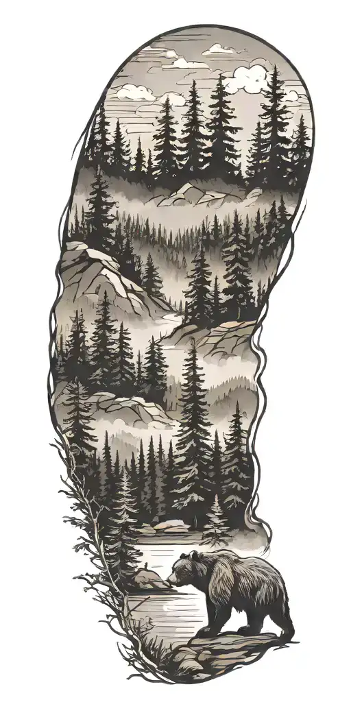 Fir Trees Fog River Mountain Landscape Bear