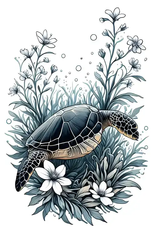 Sea Turtle Swimming Through Underwater Flowers
