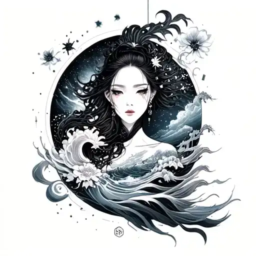 Right Arm Full Sleeve Tattoo With Japanese And Galaxy And Ocean Concept