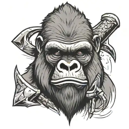 Gorilla Head With Bloody Teeth And Axe In The Hand