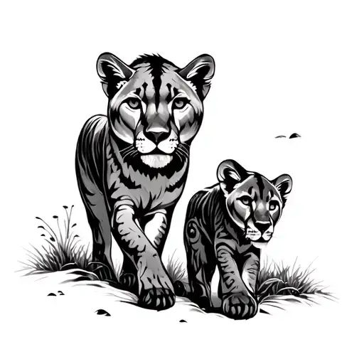 Male Mountain Lion With Two Cubs Walking