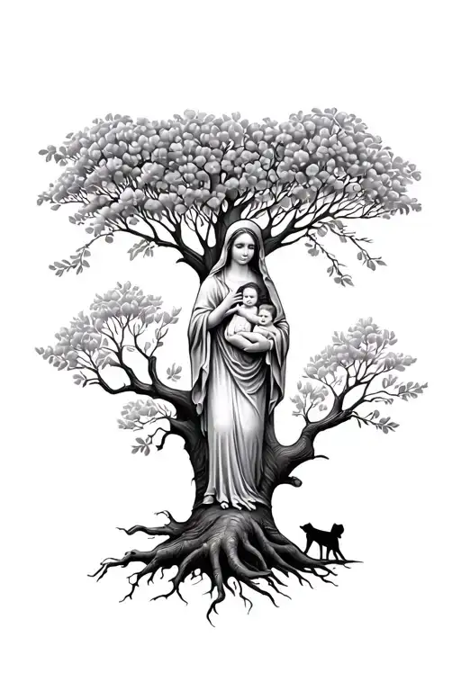 Tree Of Life With A Virgin At The Trunk Carrying A Baby With A Date And A Dog Playing At The Roots