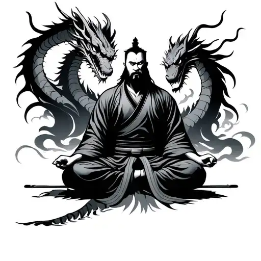 Samurai Meditating With Dragon