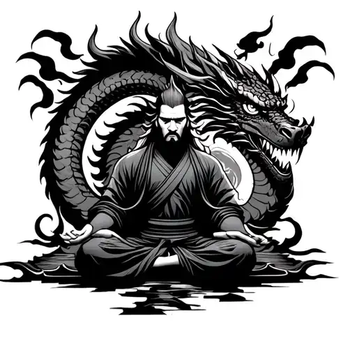 Samurai Meditating With Dragon