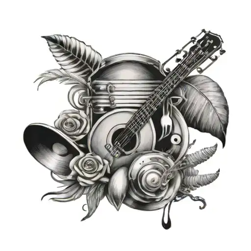 A Tattoo Design Combining Drawing Tools With Musical Notes In A Beach Setting