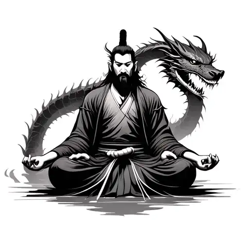 Samurai Meditating With Dragon