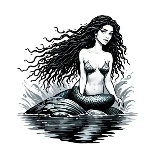 Black Mermaid With Locs On Rocks Surrounded