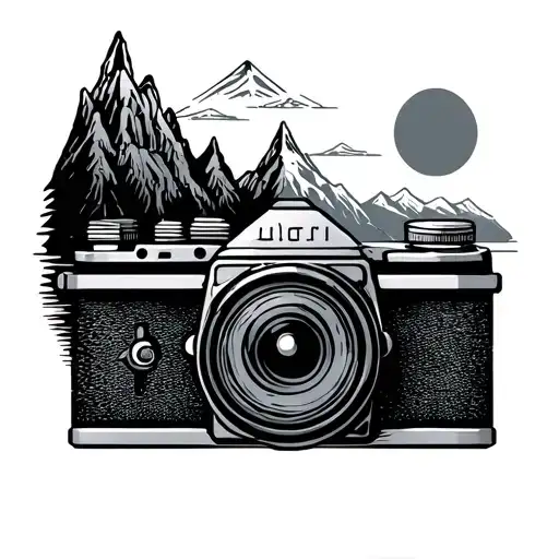 Traditional Film Camera With Mountains And Sun Behind It