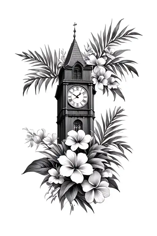 Tropical Flowers With Clock Tower Surrounded By Flowers