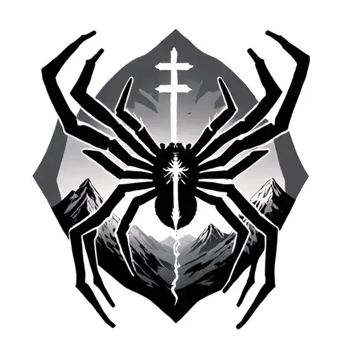 Spider And Down The Arm An Illuminated Cross On A Mountain