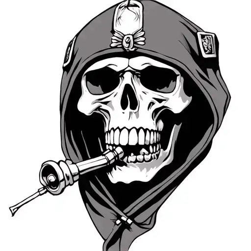 Skull With German Hood And Joint In Mouth