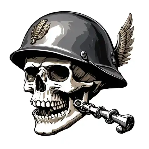 Skull With German Military Helmet And Joint In Mouth