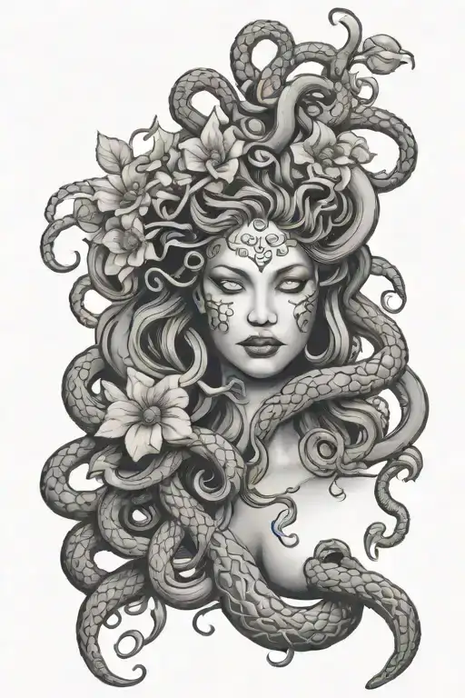 Medusa With Snakes And Flowers With Vines Growing