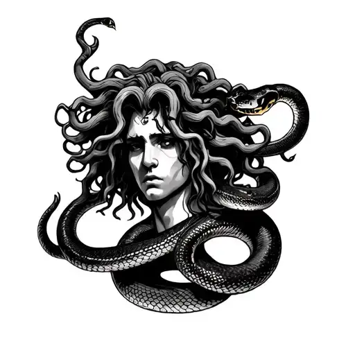 Medusa Head With Aggressive Snake And Other Snake Coils Erotically His Neck