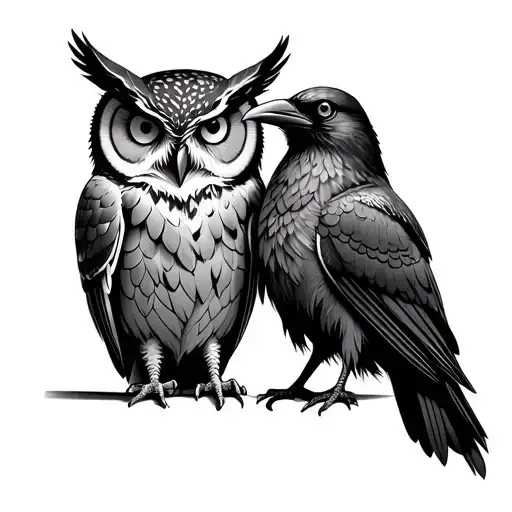 Owl And Raven Sitting