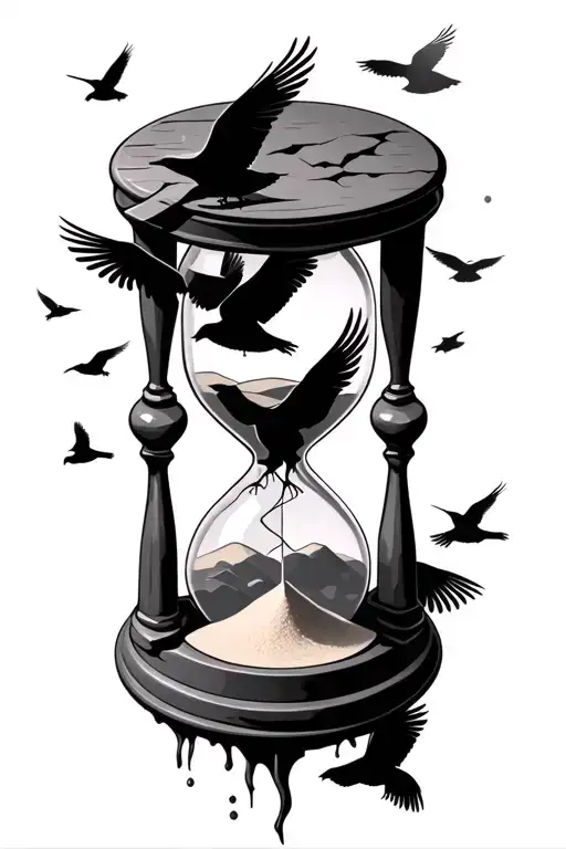 A Broken Hourglass That Has Sand Inside And Crows Flying From The Broken Opening And Upwards