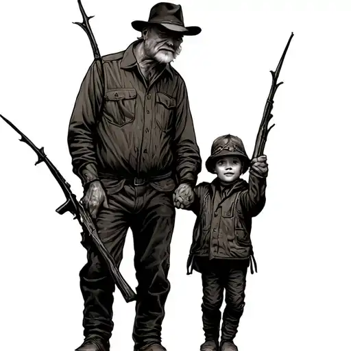 Grandpa And Grandson Hunting Holding Hands Holding