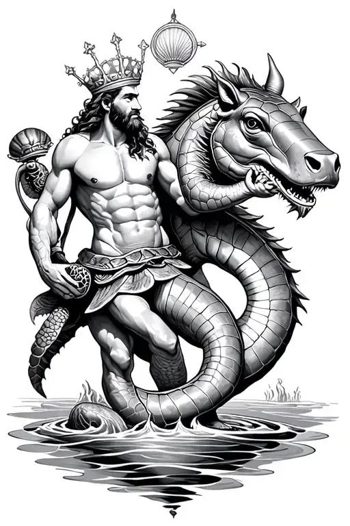 Mythological Hippocampus And King Neptune Holding A Shellback Turtle