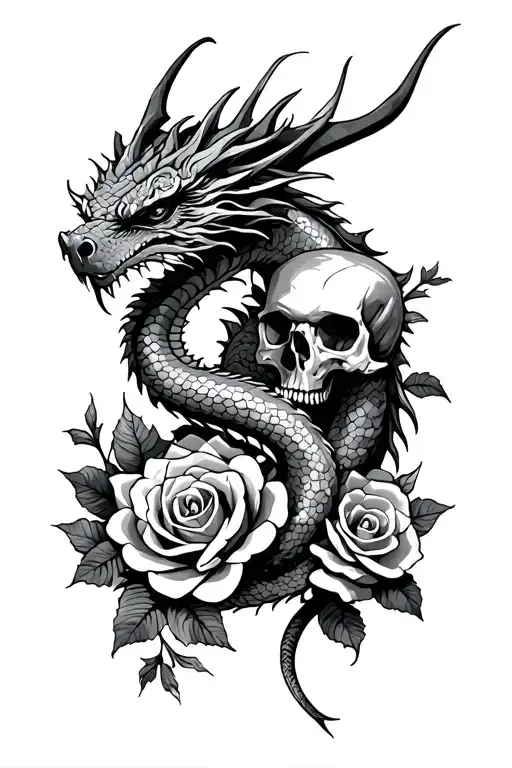 Dragon With Roses And Skull With Snakes