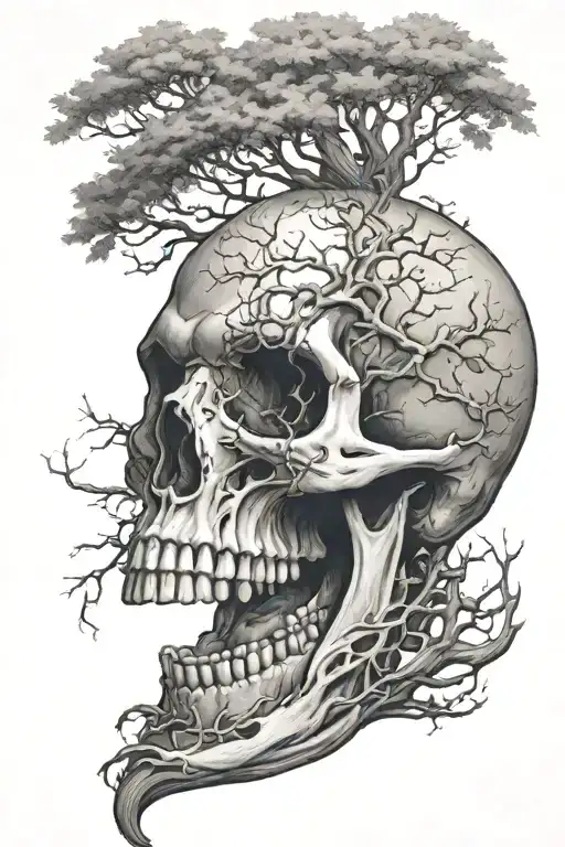 A Semi Profile Skull With A Tree Coming Out Of The Eye Socket