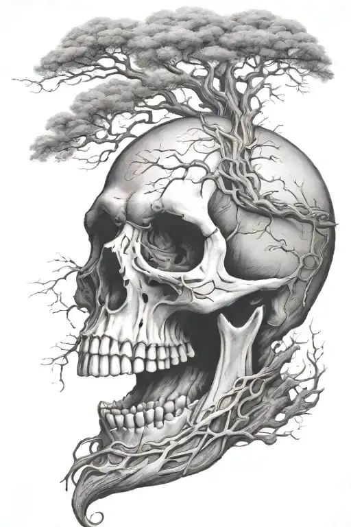 A Semi Profile Skull With A Tree Coming Out Of The Eye Socket