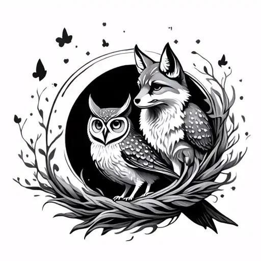 An Owl And A Fox In A Flowing Circle