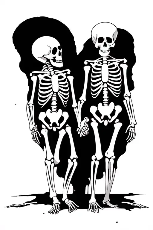 Two Skeletons Holding Hands Walking Into The Darkness
