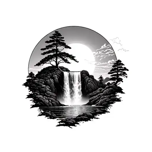 Rising Sun And A Waterfall